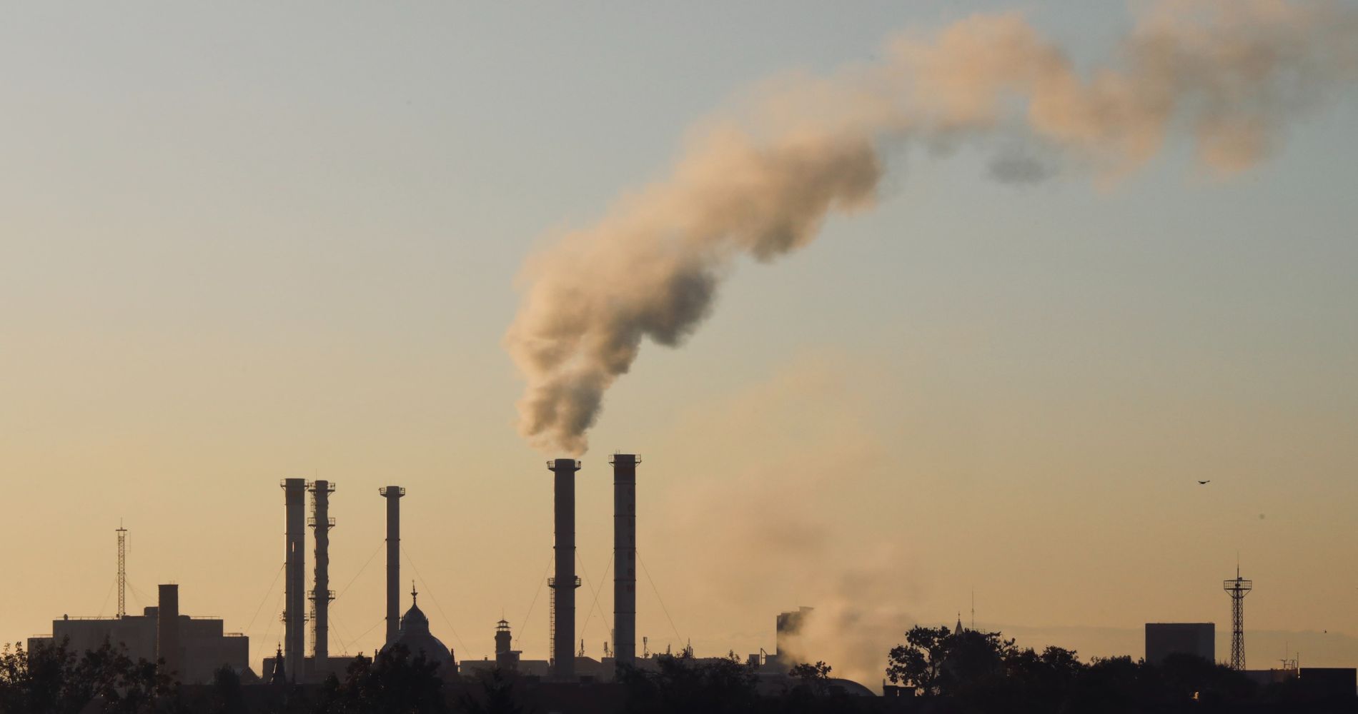 Silhouetted industrial chimneys releasing plumes of smoke against a pale sky, representing sources of carbon emissions and the need for carbon capture solutions.